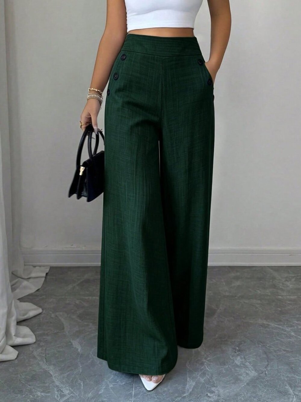 Dark Green Casual Women's Metal Decor Long Pants - Picture 3 of 5